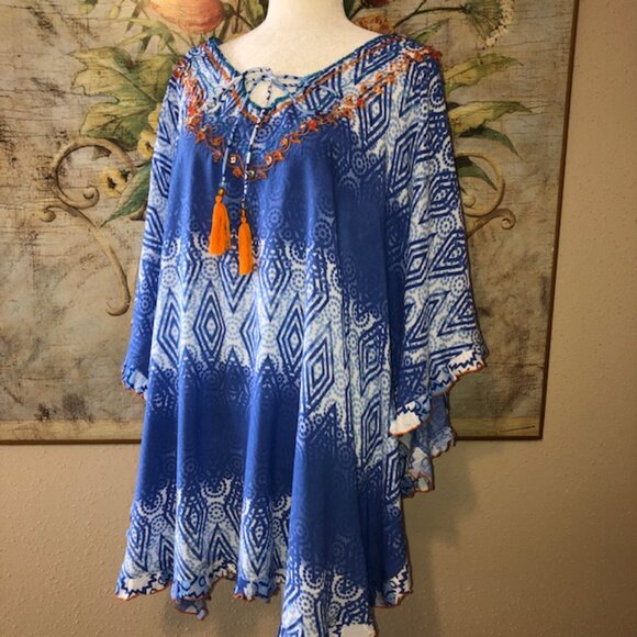 Sz M Kalypso 7 Blue & White Ombre Print Beach Coverup with Orange Embroi… - Picture 6 of 17